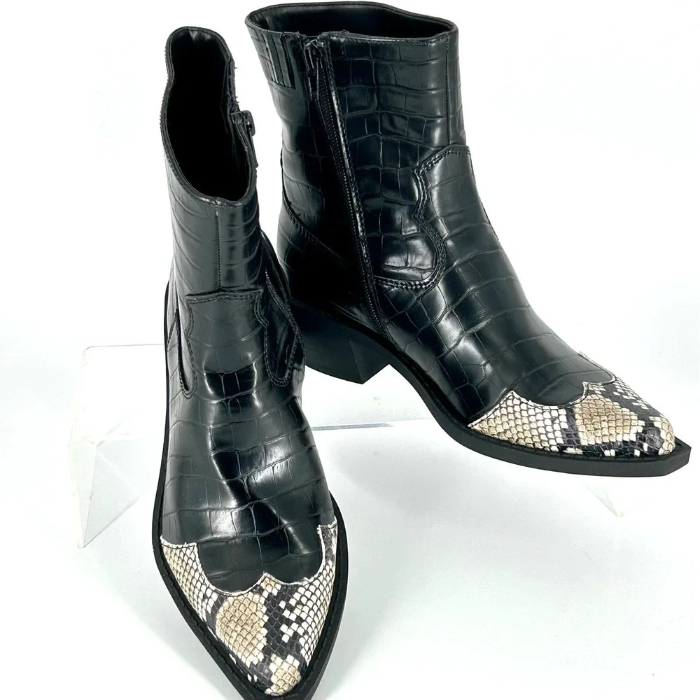 Open Edit Size 5.5 Black Western Ankle Boots NEW Snake Crocodile‎ Embossed $89